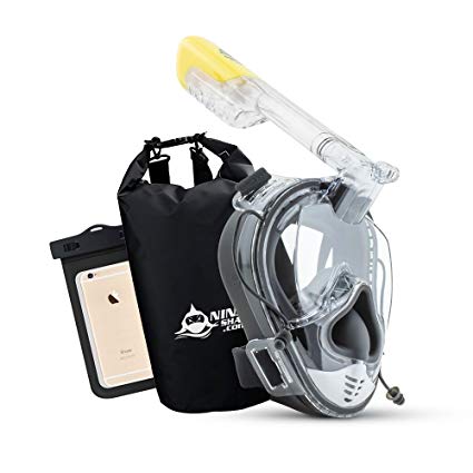 Ninja Shark Full Face Snorkel Mask - Upgraded Unique face Feature - Adjustable Head Straps - Anti-Fog & Anti-Leak - 180 Degrees Panoramic View - Detachable Camera Mount - Designed By Divers