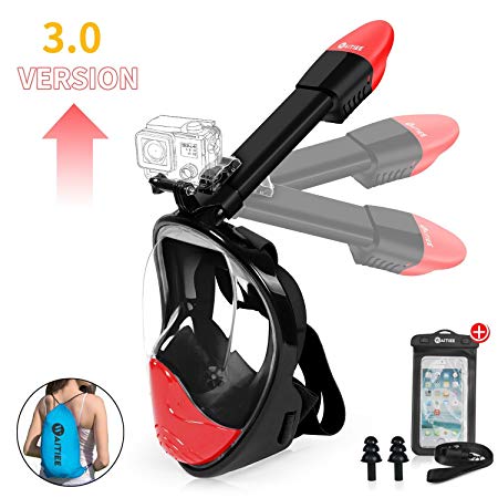 2018 Foldable Snorkel Mask, Waitiee 180°View Panoramic Full Face Easy Breath Snorkeling Mask, Anti-leak Diving Mask with Adjustable Head Straps/Foldable Breath Tube/Detachable