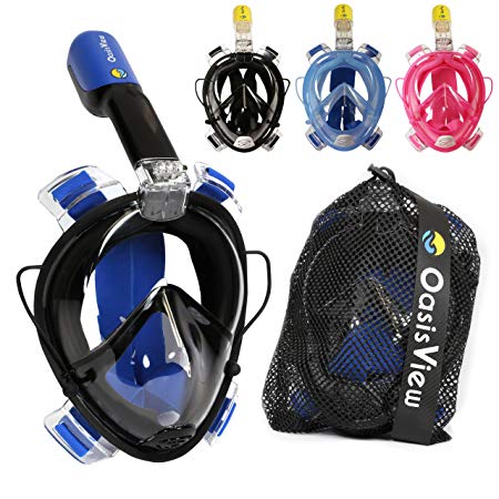 OasisView Full Face Snorkel Mask - 180° Dual Airflow Anti-Fog Snorkeling Mask with Built-in Earplugs and GoPro Camera Mount and Mesh Bag