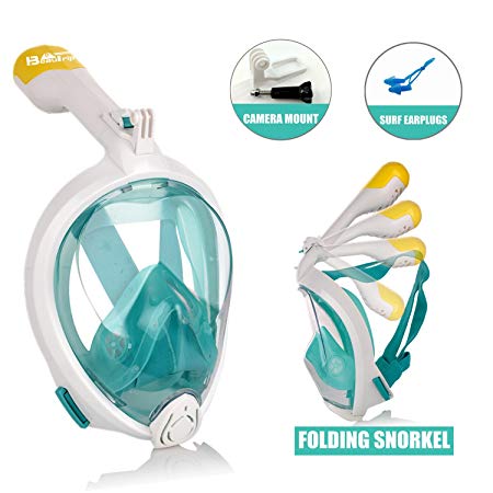 Easybreath Full Face Snorkel Mask Foldable Snorkeling Masks with Detachable Camera Mount 180° Panoramic View Dry Top Set Anti-fog Anti-leak Underwater Surface Scuba Diving Gear for Adults Youth